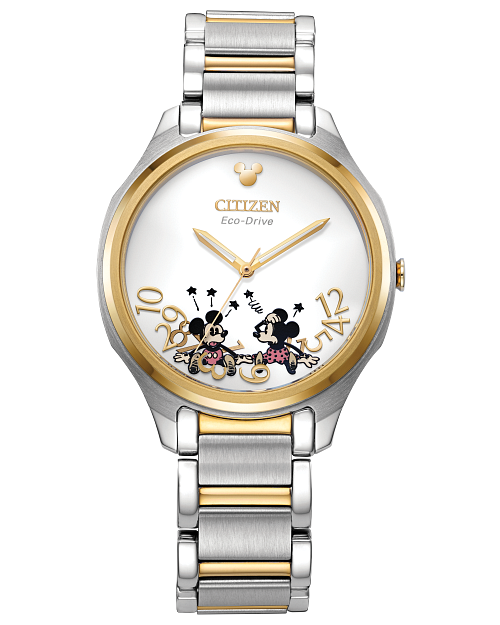 Falling Mickey & Minnie Silver-Tone Dial Stainless Steel Bracelet